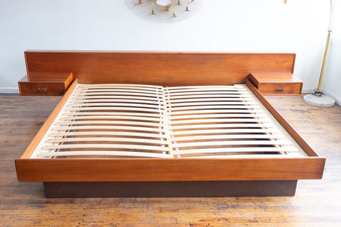 Vintage Mid Century Danish Teak King Size Platform Bed with Floating Nightstands