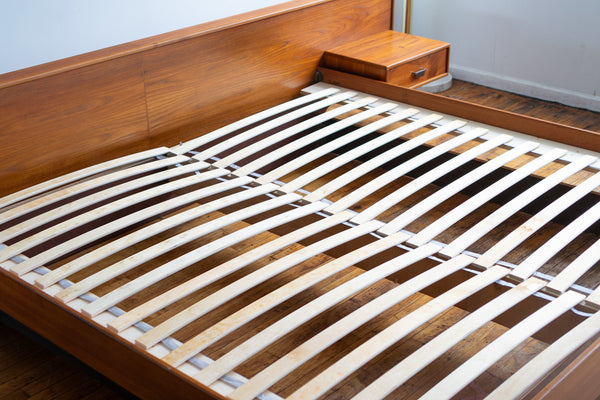 Vintage Mid Century Danish Teak King Size Platform Bed with Floating Nightstands
