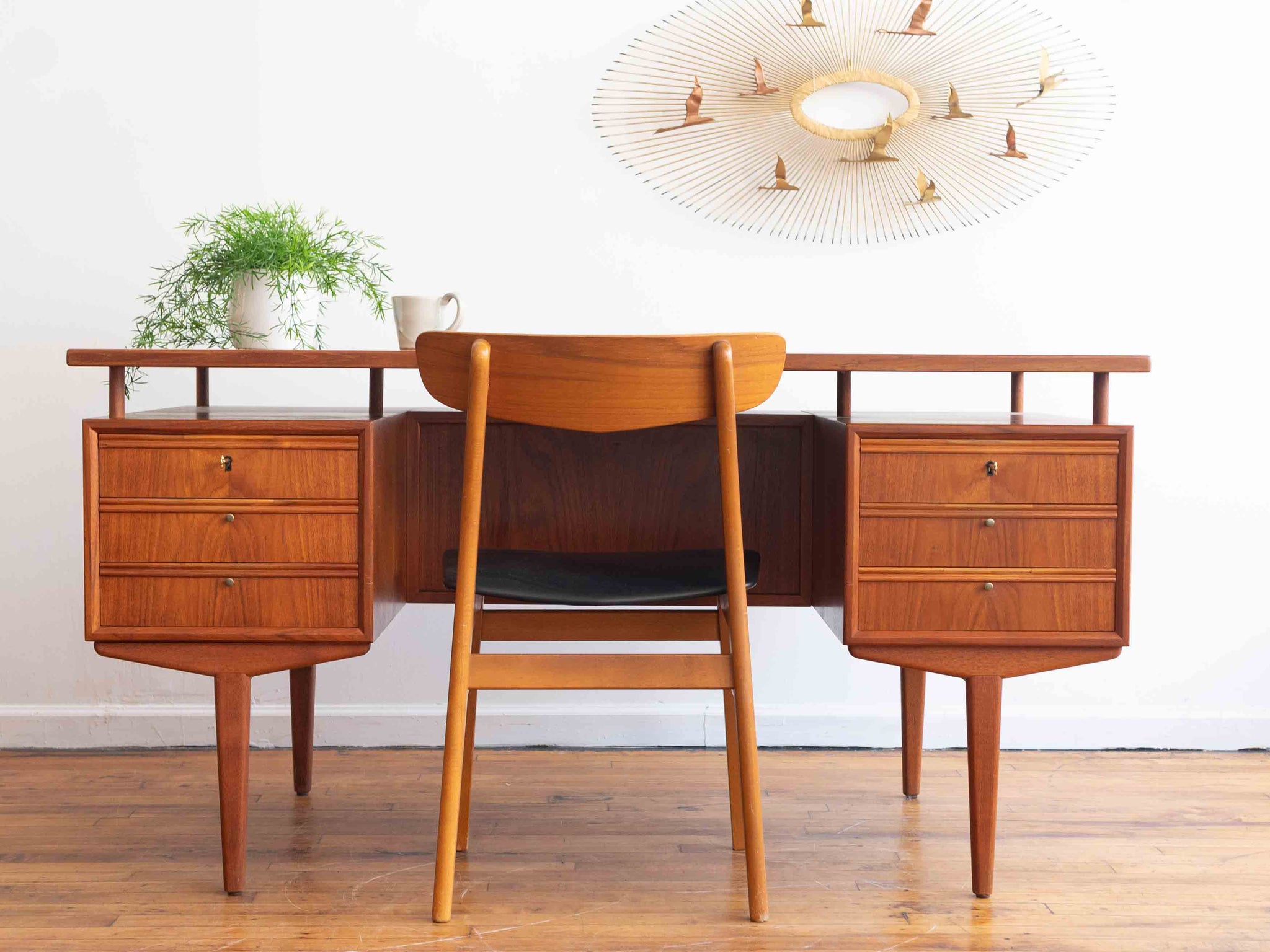 Vintage Mid Century Danish Teak Executive Desk with Floating Top and Hidden Storage