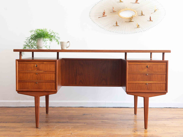 Vintage Mid Century Danish Teak Executive Desk with Floating Top and Hidden Storage