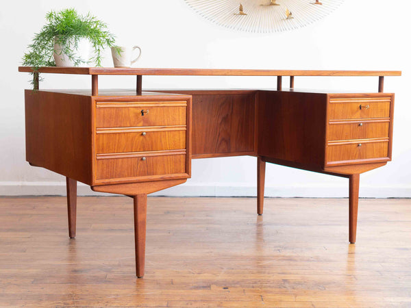 Vintage Mid Century Danish Teak Executive Desk with Floating Top and Hidden Storage