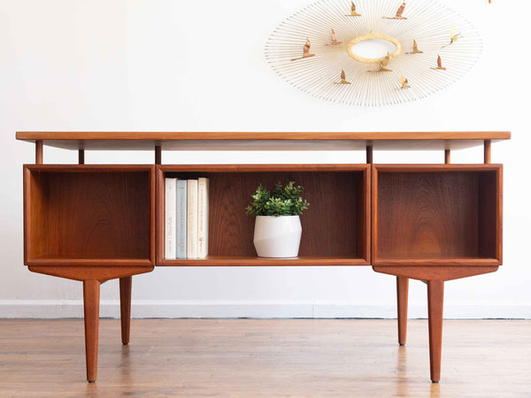 Vintage Mid Century Danish Teak Executive Desk with Floating Top and Hidden Storage