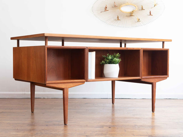 Vintage Mid Century Danish Teak Executive Desk with Floating Top and Hidden Storage