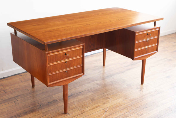 Vintage Mid Century Danish Teak Executive Desk with Floating Top and Hidden Storage