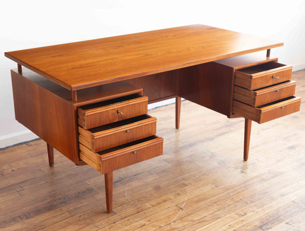 Vintage Mid Century Danish Teak Executive Desk with Floating Top and Hidden Storage