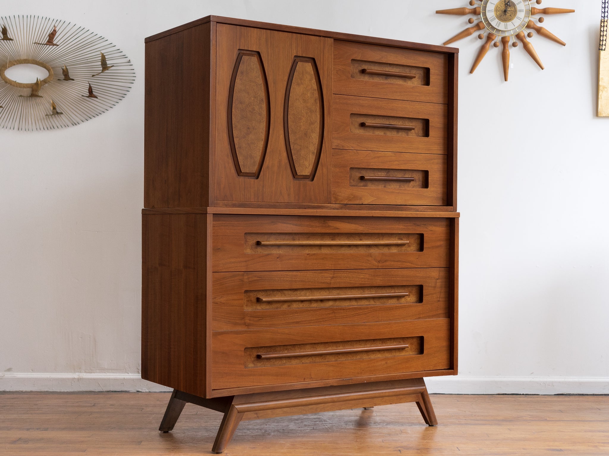 Vintage Mid Century Two Piece Tall Highboy Dresser in Walnut by Young Mfg