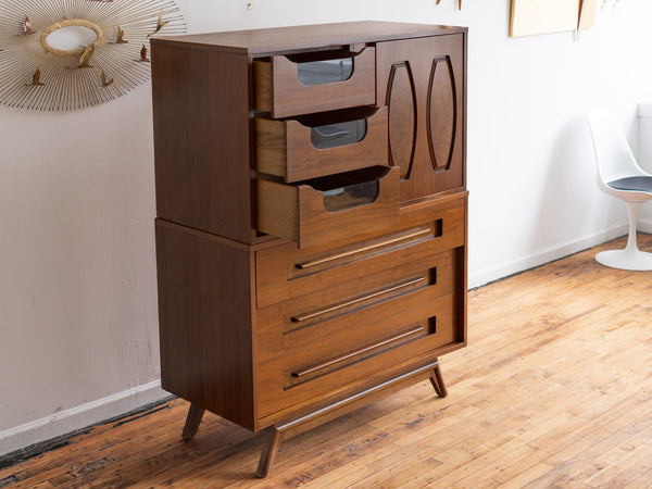 Vintage Mid Century Two Piece Tall Highboy Dresser in Walnut by Young Mfg