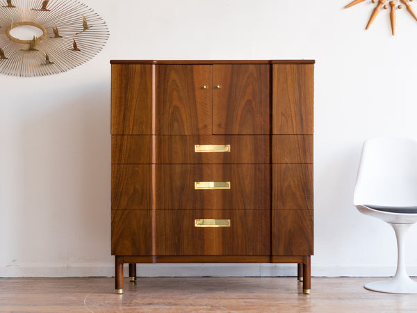 Vintage Mid Century John Widdicomb Walnut and Brass Highboy Dresser