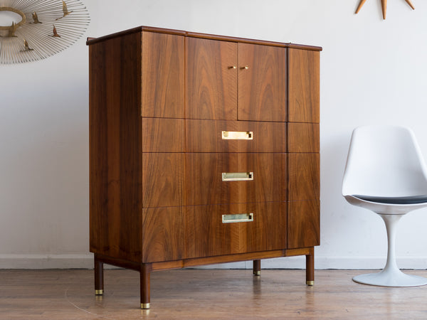 Vintage Mid Century John Widdicomb Walnut and Brass Highboy Dresser