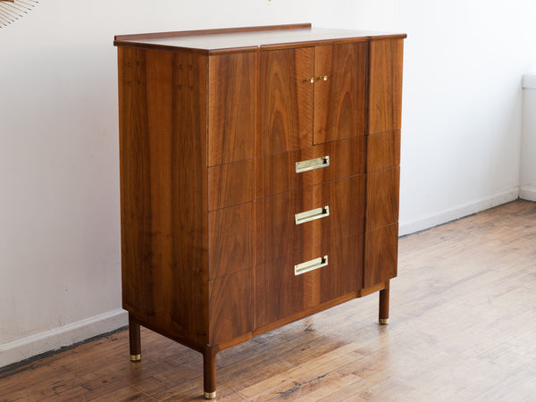 Vintage Mid Century John Widdicomb Walnut and Brass Highboy Dresser