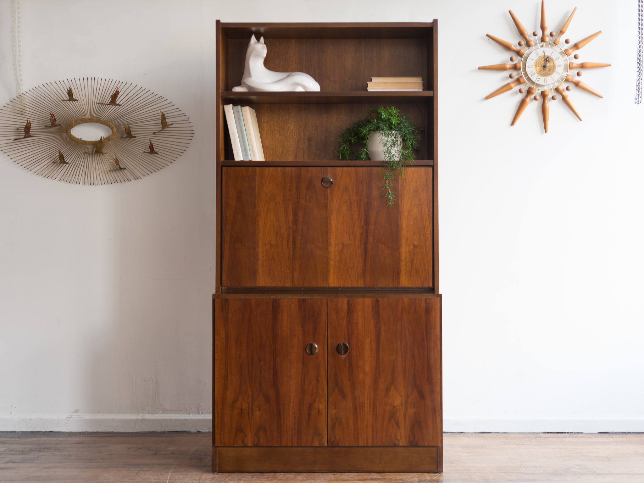 Vintage MCM Belgian Bookcase with Drop Down Desk/Bar in Walnut