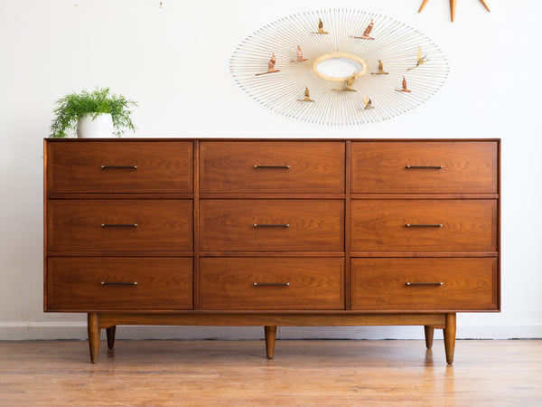 Vintage Mid-Century Walnut 9-Drawer Lowboy Dresser by Ramseur