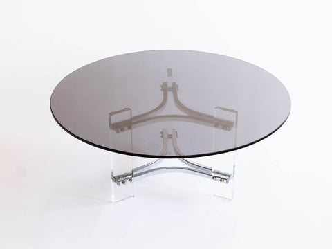 Charles Hollis Jones Round Lucite and Smoked Glass Coffee Table