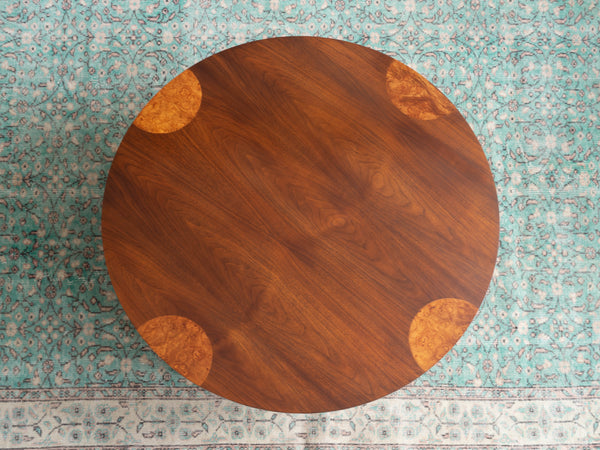 Vintage Mid Century Lane "Comet"  Round Coffee Table with Burl Inlay