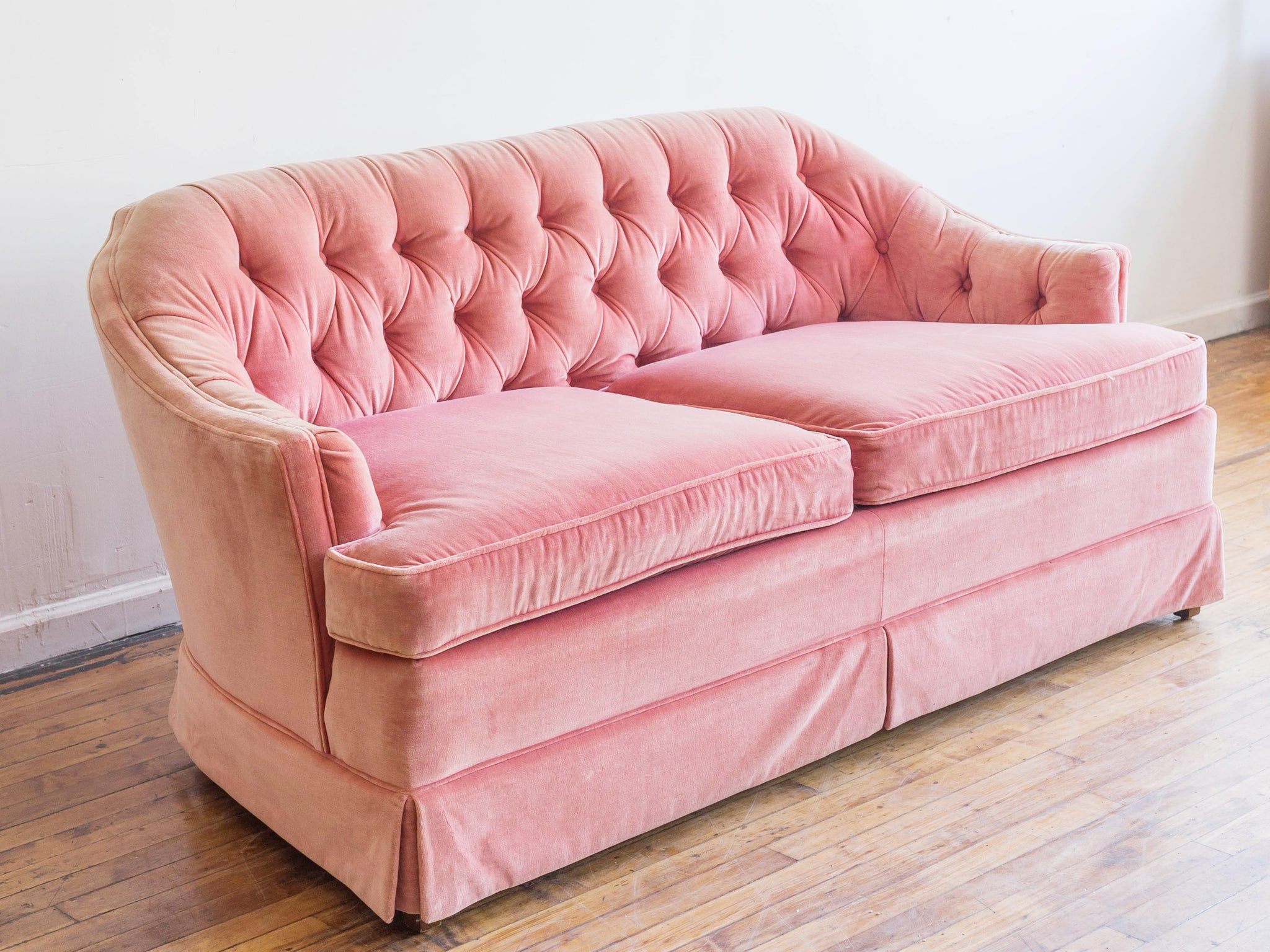 Vintage 70's Mid Century Pink Velvet Tufted Loveseat by Drexel