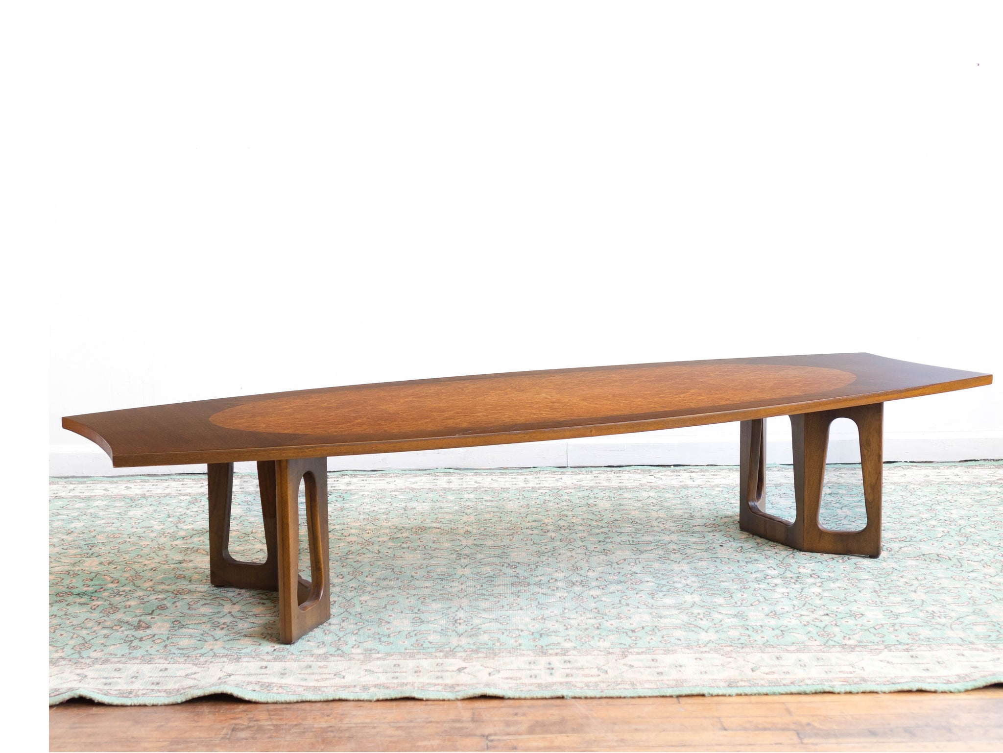 Vintage Mid Century Lane "Cosmic" Walnut and Burlwood Surfboard Coffee Table