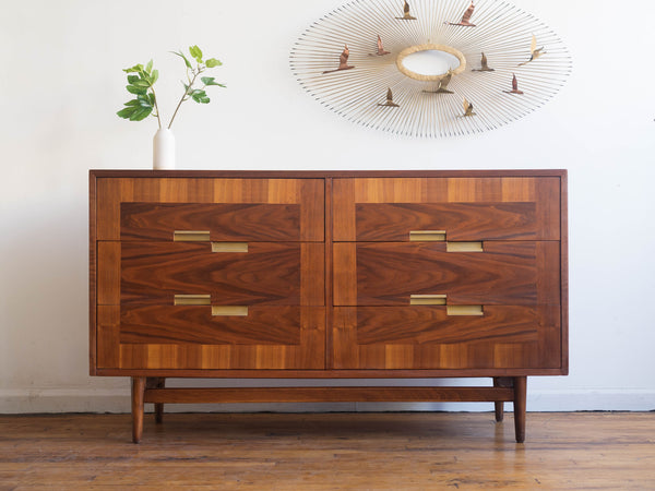 Vintage MCM American of Martinsville "Accord" X-Inlay Six Drawer Lowboy Dresser
